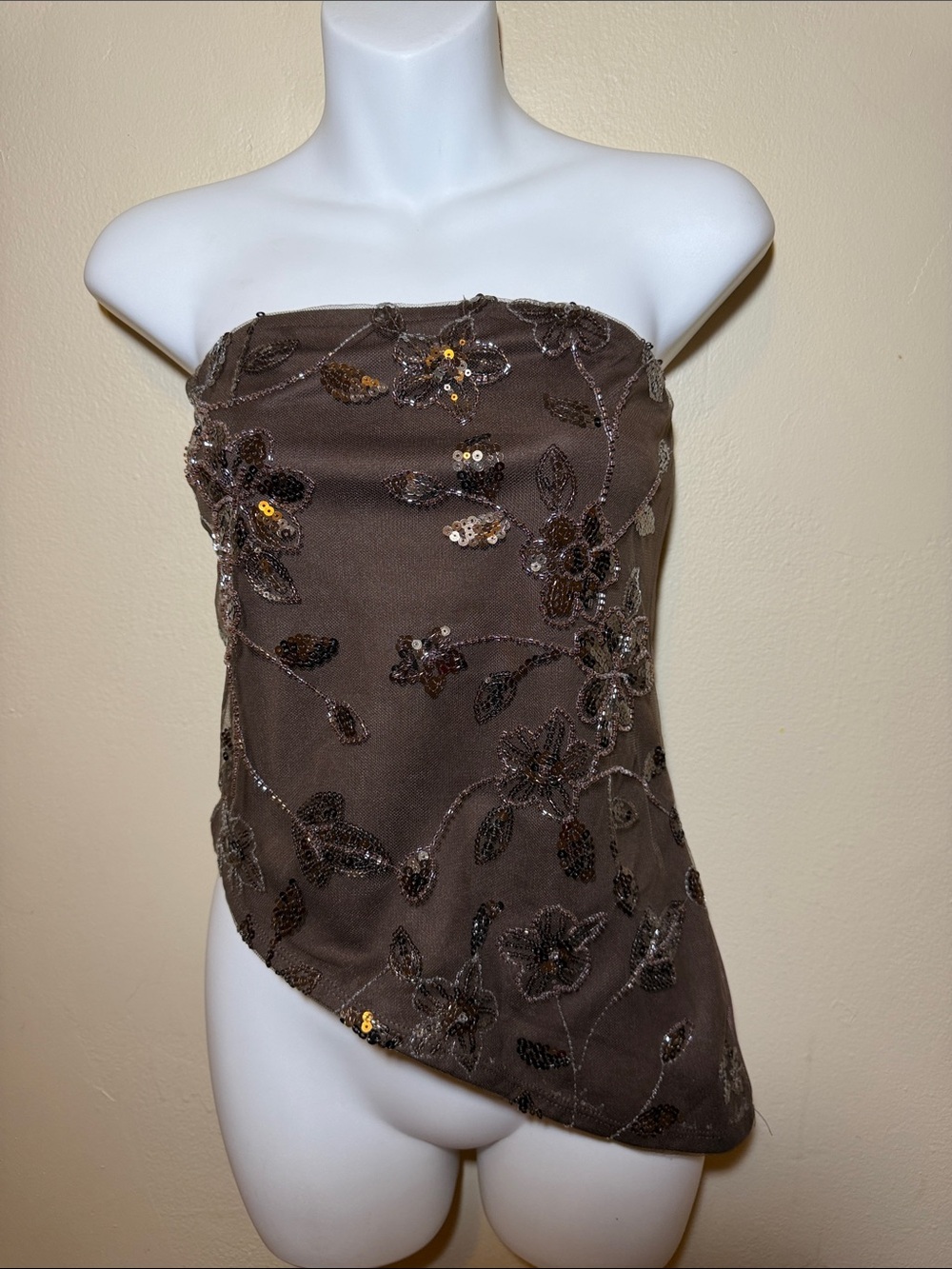 Strapless Brown Sequin Floral Embellished Dress